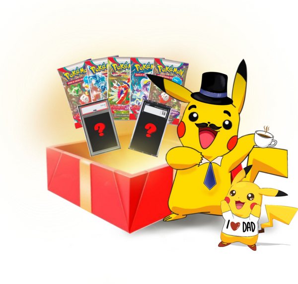 Caja Regalo Día del Padre | Carta PSA 10 o CGC 10 + 5 Sobres de Pokémon TCG | Santo Packs