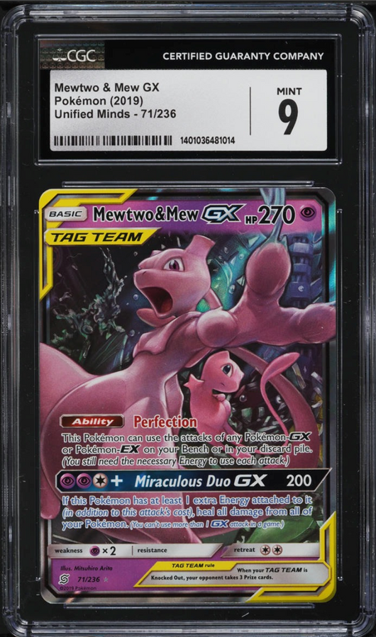 CGC 9 | Mewtwo & Mew GX (UNM 71) Unified Minds 2019 Inglés