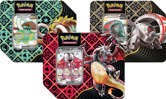 Pokémon | Pack de 3 Tin XL Paldean Fates Charizard, Iron Treads et Great Tusk EX Anglais 2024