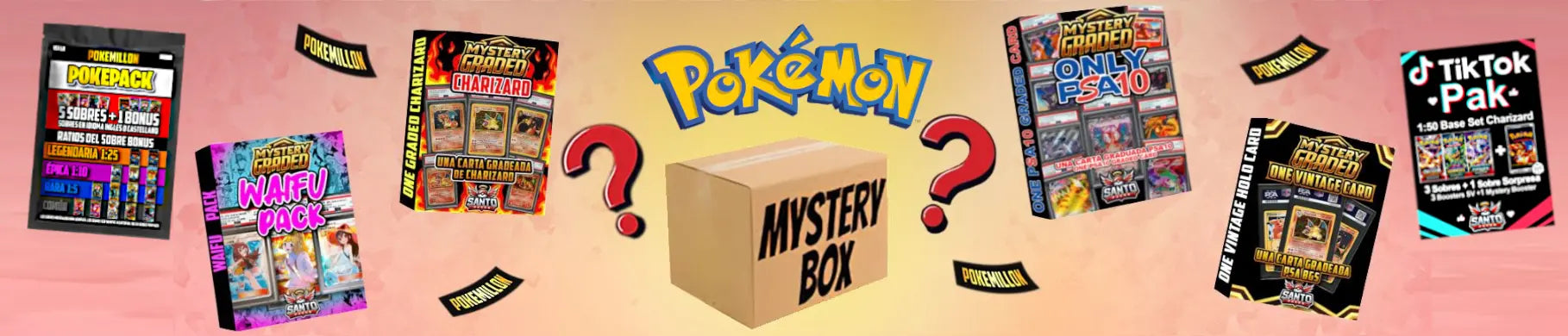 Banner de Mystery Box Pokémon con packs sorpresa de cartas coleccionables, incluyendo ediciones graded y vintage