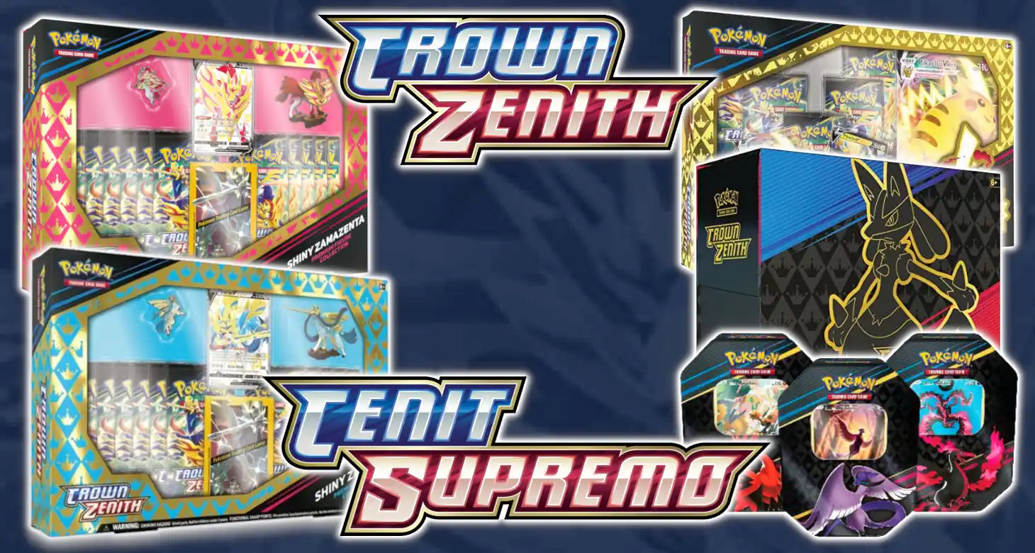 Colección Pokémon Crown Zenith con cajas premium de Shiny Zamazenta y Shiny Zacian, latas coleccionables y Caja de Entrenador Élite