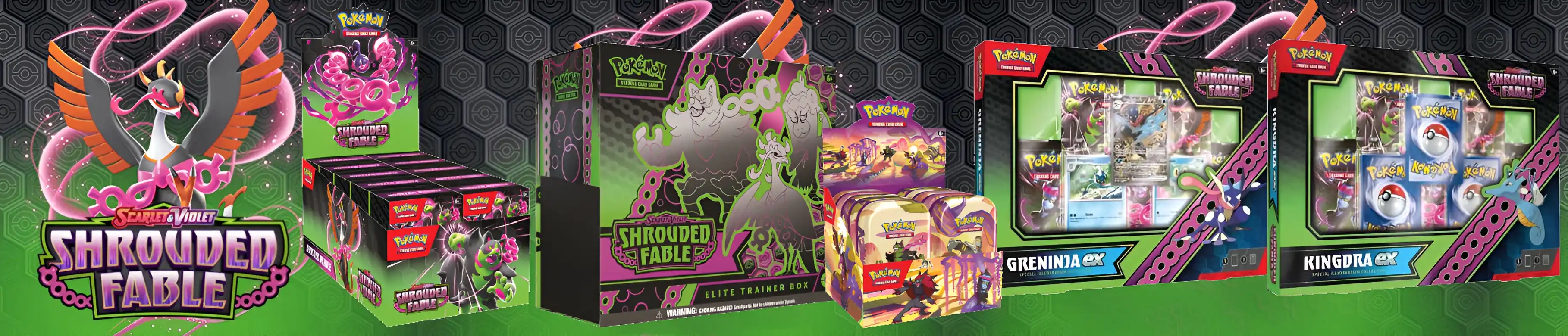 Colección Pokémon Scarlet & Violet Shrouded Fable con Caja de Entrenador Élite, booster packs y cajas especiales de Greninja ex y Kingdra ex.